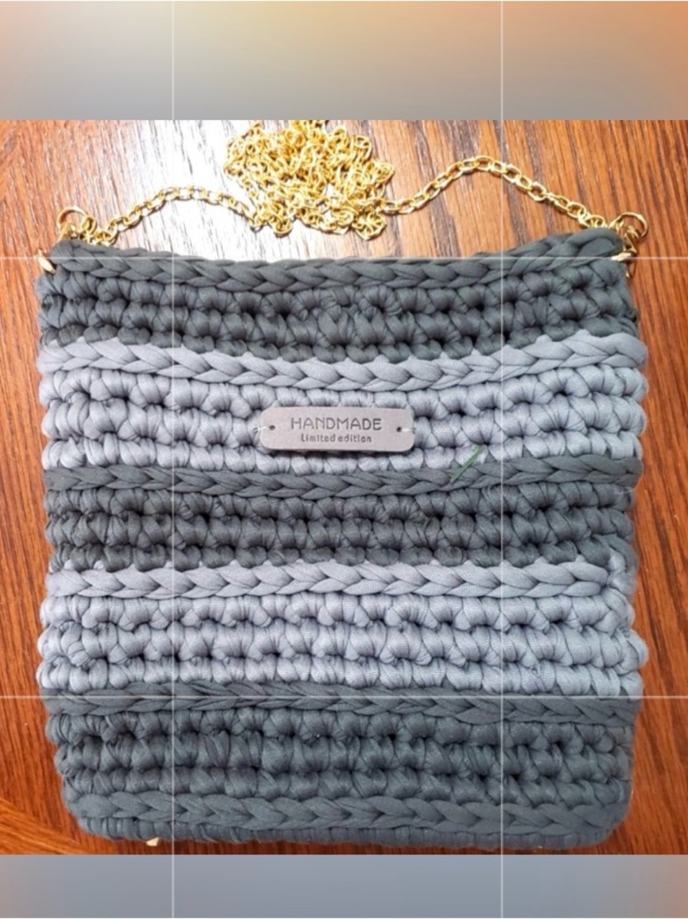 Gray and Black Crossbody Bag with Textured Crochet and Gold Chain Strap